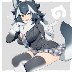 Rule 34 | 10s, 1girl, animal ears, aqua eyes, black hair, blush, breast pocket, breasts, buttons, crossed legs, cuffs, elbow rest, fang, fur collar, gloves, grey background, grey skirt, grey thighhighs, grey wolf (kemono friends), heart, heterochromia, japari symbol, kemono friends, kiri futoshi, large breasts, leaning to the side, long sleeves, medium hair, multicolored hair, necktie, open mouth, outside border, plaid, plaid necktie, plaid neckwear, plaid skirt, pleated skirt, pocket, pointing, protected link, sitting, skindentation, skirt, smile, solo, spiked hair, streaked hair, tail, thighhighs, thighs, white gloves, wolf ears, wolf tail, yellow eyes, zettai ryouiki
