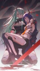 Rule 34 | 2girls, arknights, arm strap, armor, bare shoulders, black footwear, black jacket, black pants, black shorts, blood, blood from mouth, blood on clothes, blood on face, blood on leg, blue hair, boots, breastplate, breasts, carrying, carrying person, ch&#039;en (arknights), closed eyes, closed mouth, dragon horns, full body, green hair, hair over one eye, highres, horns, hoshiguma (arknights), injury, jacket, knee boots, kneeling, large breasts, liiger, long hair, low twintails, medium breasts, multiple girls, necktie, off shoulder, open clothes, open jacket, orange necktie, pants, shirt, shorts, single horn, skin-covered horns, sleeveless, twintails, v-shaped eyebrows, very long hair, white shirt, yellow eyes