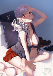 Rule 34 | 1girl, absurdres, barefoot, bra, feet, girls&#039; frontline, grey hair, highres, long hair, looking at viewer, open clothes, open mouth, open shirt, red eyes, shoes, soles, spas-12 (girls&#039; frontline), suryua, toes, underwear, unworn bra, unworn shoes, unworn socks