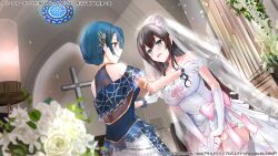 Rule 34 | 2girls, aizawa kazuha, armlet, armpit crease, assault lily, bare shoulders, blue dress, blue eyes, blue hair, blurry, blurry background, blush, bow, breasts, bridal veil, bride, brown hair, candle, candlestand, church, cleavage, collarbone, commentary request, cowboy shot, crescent, crescent earrings, cross, dress, dress bow, dutch angle, earrings, elbow gloves, floral print, flower, frilled gloves, frills, glint, gloves, hair between eyes, hair flower, hair ornament, halter dress, halterneck, hands up, high ponytail, highres, indoors, instrument, jewelry, large breasts, latin cross, light particles, long hair, looking at viewer, mugiusagi, multiple girls, neck ring, official alternate costume, official alternate hairstyle, official art, organ (instrument), own hands together, parted lips, pink bow, pink flower, ponytail, print dress, ring, rose, see-through, serizawa chikaru, short hair, short sleeves, sidelocks, smile, standing, strapless, strapless dress, teeth, thighhighs, tiara, upper teeth only, v arms, veil, very long hair, watermark, wedding dress, white dress, white flower, white gloves, white rose, white thighhighs