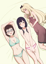 Rule 34 | 10s, 3girls, :d, armpits, arms up, black bow, black eyes, black hair, black ribbon, blonde hair, blue-framed eyewear, blush, bow, bra, breasts, brown hair, bulge, chestnut mouth, cleavage, closed mouth, covered erect nipples, covering privates, covering crotch, curly hair, erection, erection under clothes, flat chest, futanari, gluteal fold, green bra, green eyes, green panties, groin, hair over shoulder, hair ribbon, iguchi yumi, lingerie, long hair, looking at viewer, low twintails, lying, medium breasts, multiple girls, navel, negligee, nipples, nose blush, ogasawara rinko, on back, on side, open mouth, own hands together, panties, penis, pink panties, red eyes, ribbon, shirobako, sideways mouth, smile, thigh gap, topless, twintails, underwear, utakatanagi, yasuhara ema