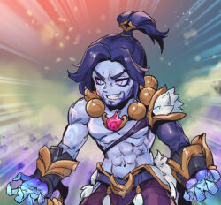 Rule 34 | 1boy, abs, armor, ball, bead necklace, beads, belt, black hair, colored skin, cowboy shot, fur-trimmed armor, fur trim, grey eyes, grey skin, grin, jewelry, league of legends, looking to the side, lunar wraith sylas, male focus, multicolored background, navel, necklace, pants, parted bangs, phantom ix row, ponytail, shiny skin, sideways glance, single sleeve, smile, sylas (league of legends), teeth