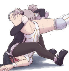 Rule 34 | 2girls, character request, crying, duplicate, grey hair, knee pads, leotard, multiple girls, open mouth, pain, pantyhose, papa (shimeguru), screaming, shoes, sitting, sitting on face, sitting on person, submission, submission hold, sweat, wrestling