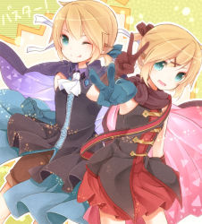Rule 34 | 1boy, 1girl, :d, ;p, arm hug, ascot, blonde hair, blue eyes, bow, brother and sister, brown gloves, cape, elbow gloves, gloves, hair bow, hair ribbon, kagamine len, kagamine rin, one eye closed, open mouth, pleated skirt, ribbon, siblings, skirt, smile, tongue, tongue out, twins, v, vocaloid, wind, yonema