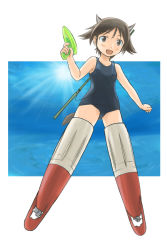 Rule 34 | 00s, 1girl, animal ears, black one-piece swimsuit, brown eyes, brown hair, denden, fishing rod, miyafuji yoshika, one-piece swimsuit, school swimsuit, short hair, solo, strike witches, striker unit, submarine, submarine motor, swimsuit, tail, water, water gun, watercraft, world witches series