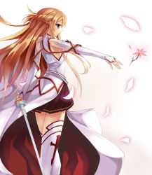 Rule 34 | 1girl, 7 (vin), armor, asuna (sao), black skirt, braid, breastplate, brown eyes, brown hair, crown braid, detached sleeves, floating hair, flower, from side, holding, holding sword, holding weapon, long hair, long sleeves, miniskirt, outstretched arm, pink flower, pleated skirt, skirt, solo, standing, sword, sword art online, thighhighs, very long hair, weapon, white background, white sleeves, white thighhighs