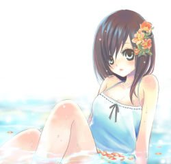 Rule 34 | bad id, bad pixiv id, blue eyes, brown hair, camisole, flat chest, hair ornament, ogura, solo, water, wet, wet clothes