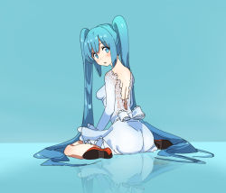 Rule 34 | 1girl, aqua eyes, aqua hair, backless dress, backless outfit, blue background, blush, breasts, commentary, dress, flower, hair between eyes, hatsune miku, head tilt, long hair, long sleeves, looking at viewer, medium breasts, n (n45987607), parted lips, red flower, reflective floor, simple background, sitting, solo, symbol-only commentary, twintails, very long hair, vocaloid, white dress