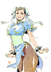 Rule 34 | 1girl, bracelet, breasts, brown hair, capcom, chinese clothes, chun-li, cowboy shot, double bun, female focus, grey eyes, jewelry, kotobuki tsukasa, large breasts, looking at viewer, open mouth, pantyhose, simple background, solo, spiked bracelet, spikes, standing, street fighter, thick thighs, thighs, white background