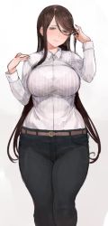 Rule 34 | 1girl, belt, breasts, brown eyes, brown hair, c.cu, curvy, formal, gradient background, grey background, hip focus, large breasts, light smile, long hair, looking at viewer, original, pink background, see-through, smile, solo, thighs, tsuyuhara miu, wide hips