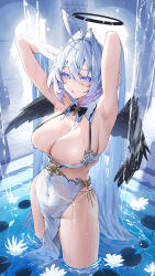 Rule 34 | 1girl, angel wings, armpits, arms up, black feathers, breasts, bursting breasts, cleavage, collar, dress, dripping, feathered wings, feathers, gem, halo, highres, ichibi, large breasts, looking at viewer, navel, original, pearl (gemstone), revealing clothes, revision, short hair, side slit, skindentation, solo, standing, thick thighs, thighs, wading, water, waterfall, wet, wet clothes, white background, white dress, white eyes, wings