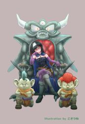 Rule 34 | 1girl, 2boys, artist name, black hair, boots, bored, bracelet, breasts, cape, cleavage, crossed legs, death pisaro, dragon quest, dragon quest x, dwarf (dq10), elbow gloves, glasses, gloves, green eyes, hairband, head rest, highres, jewelry, kneeling, kosatsune, long hair, mohawk, multiple boys, purple thighhighs, red-framed eyewear, runana (dq10), sitting, skirt, strapless, thighhighs, throne