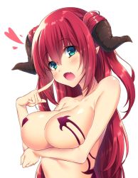 Rule 34 | 1girl, :d, aqua eyes, bad id, bad twitter id, blush, breasts, cleavage, demon horns, fang, hair between eyes, heart, highres, horns, index finger raised, large breasts, long hair, looking at viewer, navy (navy.blue), open mouth, original, pointing, pointing at self, pointy ears, red hair, revealing clothes, simple background, smile, solo, upper body, white background