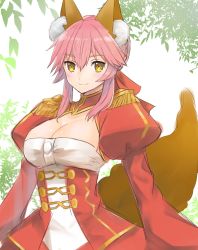Rule 34 | 10s, 1girl, absurdres, alternate hair length, alternate hairstyle, animal ears, bad id, bad twitter id, blush, braid, breasts, cleavage, closed mouth, corset, cosplay, dress, epaulettes, fate/extra, fate (series), fox ears, hair between eyes, hair bun, highres, ito (silk9f), juliet sleeves, large breasts, leaf, long sleeves, looking at viewer, nero claudius (fate), nero claudius (fate) (all), nero claudius (fate/extra), nero claudius (fate/extra) (cosplay), pink hair, puffy sleeves, red dress, short hair with long locks, simple background, single hair bun, smile, solo, tamamo (fate), tamamo no mae (fate/extra), upper body, white background, yellow eyes