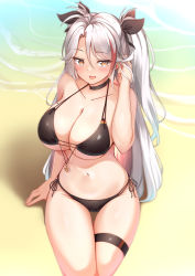 Rule 34 | 1girl, :q, absurdres, azur lane, bare arms, bare shoulders, beach, bikini, black bikini, black choker, black ribbon, blush, breasts, brown eyes, choker, cleavage, collarbone, groin, hair between eyes, hair ribbon, hand up, highres, large breasts, long hair, moyoron, multicolored hair, navel, official alternate costume, open mouth, parted bangs, prinz eugen (azur lane), prinz eugen (unfading smile) (azur lane), red hair, ribbon, sand, side-tie bikini bottom, skindentation, smile, solo, streaked hair, swimsuit, thigh gap, thigh strap, tongue, tongue out, two side up, very long hair, water, white hair