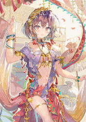 Rule 34 | 1girl, armlet, borrowed character, bracelet, breasts, brown hair, chain, commentary request, dancer, derivative work, earrings, frills, gold, gold chain, highres, jewelry, looking at viewer, medallion, navel, necklace, original, parasol, parted lips, petals, red eyes, shiratama ringo, short hair, small breasts, solo, thighlet, umbrella
