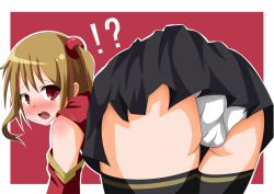 Rule 34 | !?, 10s, 1girl, ass, bare shoulders, bent over, blush, brown hair, detached sleeves, from behind, hair ornament, leaning, leaning forward, looking at viewer, looking back, open mouth, panties, pantyshot, red eyes, short hair, silica, skirt, sword art online, tears, thighhighs, twintails, underwear, upskirt, white panties