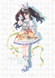 Rule 34 | 1girl, ;d, absurdres, animal bag, animal ears, animal print, ankle strap, aqua eyes, argyle, argyle background, argyle clothes, black hair, blue bow, blue footwear, bobby socks, bow, bowtie, clenched hand, dress, drop shadow, food, full body, green ribbon, hair bow, hand up, highres, lolita fashion, long hair, looking at viewer, macaron, one eye closed, open mouth, original, pancake, pancake stack, print dress, rabbit, rabbit ears, rabbit print, ribbon, round teeth, short sleeves, sidelocks, smile, socks, solo, teeth, twintails, upper teeth only, v, white socks, wrist cuffs, yuzhi