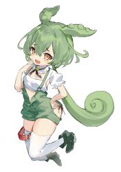 Rule 34 | 1girl, armpit cutout, blush, breasts, clothing cutout, commentary, crop top, detached collar, full body, green footwear, green hair, green overalls, highres, hip vent, jumping, karasu btk, kneehighs, long hair, looking at viewer, overalls, pea pod, shirt, short sleeves, simple background, small breasts, smirk, socks, solo, stifled laugh, voicevox, white background, white shirt, white socks, yellow eyes, zundamon