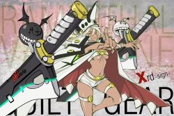 Rule 34 | 1girl, arc system works, barefoot, belt, belt bra, blonde hair, breasts, cape, coat, creature, dark skin, dark-skinned female, dual wielding, expressionless, female focus, guilty gear, guilty gear xrd, hat, holding, md5 mismatch, navel, ramlethal valentine, resized, short shorts, shorts, solo, sumeshi (ambivalince), thigh strap, underboob, white hair, yellow eyes
