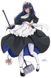Rule 34 | 1girl, absurdres, alternate costume, black dress, black footwear, blue hair, broom, brown eyes, dress, enmaided, full body, hand on own hip, highres, holding, holding broom, honey strap, kichihachi, long hair, looking at viewer, maid, nanashi inc., open mouth, pantyhose, pointy ears, shimamura charlotte, shoes, solo, virtual youtuber, white background, white pantyhose