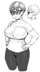 Rule 34 | 1girl, black-framed eyewear, breasts, earrings, elf-san wa yaserarenai., greyscale, hands on own hips, highres, jewelry, large breasts, lips, monochrome, short hair, simple background, sketch, solo, synecdoche, thick thighs, thighs, white background