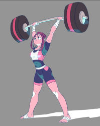 Rule 34 | 10s, 1girl, arms up, artist request, bandages, barefoot, bike shorts, bodystocking, boku no hero academia, breasts, brown hair, crop top, exercising, feet, full body, grey background, midriff, pout, simple background, solo, uraraka ochako, weightlifting, weights