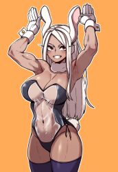 Rule 34 | 1girl, 7a (se7ena), abs, animal ears, armpits, arms up, black leotard, blush, boku no hero academia, breasts, cleavage, cowboy shot, dark-skinned female, dark skin, fur collar, gloves, grin, highres, large breasts, leotard, long hair, mirko, muscular, muscular female, navel, orange background, parted bangs, playboy bunny, purple thighhighs, rabbit ears, rabbit tail, red eyes, see-through, see-through leotard, simple background, smile, solo, tail, thick thighs, thighhighs, thighs, white gloves, white hair