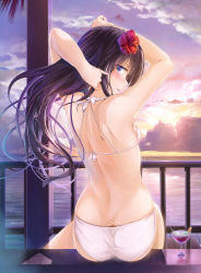 Rule 34 | 1girl, ass, bikini, black hair, blue eyes, blush, breasts, flower, from behind, hair flower, hair ornament, hibiscus, long hair, looking at viewer, looking back, original, sitting, small breasts, solo, sunset, swimsuit, white bikini, wingheart