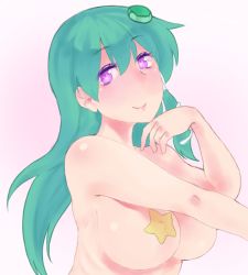 Rule 34 | 1girl, alternate eye color, bad id, bad pixiv id, breasts, censored, covered erect nipples, eyelashes, frog hair ornament, from side, fu wana@irotori, green hair, hair ornament, hair tubes, hand up, heart, heart-shaped pupils, kochiya sanae, large breasts, long hair, looking at viewer, nude, pasties, pink background, purple eyes, smile, snake hair ornament, solo, star pasties, symbol-shaped pupils, touhou, upper body
