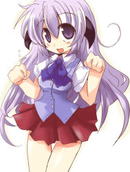 Rule 34 | 00s, 1girl, blue bow, blue bowtie, blue vest, bow, bowtie, buttons, cowboy shot, hanyuu, higurashi no naku koro ni, horns, long hair, looking at viewer, one-piece swimsuit, pleated skirt, purple eyes, purple hair, red skirt, shirogane (platinum), skirt, solo, swimsuit, thigh gap, very long hair, vest, white one-piece swimsuit