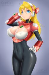 Rule 34 | 1girl, alia (mega man), artist name, blonde hair, blue eyes, bodysuit, breasts, cameltoe, cleavage, cleft of venus, covered erect nipples, covered navel, hand in own hair, highres, impossible clothes, kainkout, large breasts, mega man (series), mega man x (series), open mouth, signature, simple background, solo, white background