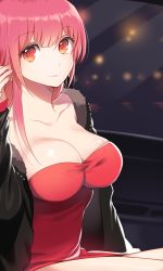 Rule 34 | 1girl, bad id, bad pixiv id, bare legs, bare shoulders, black jacket, blurry, breasts, carchet, cleavage, closed mouth, collarbone, copyright request, dress, earrings, eyebrows, female focus, fur trim, glass, gradient eyes, hand on own ear, jacket, jewelry, large breasts, legs, long hair, long sleeves, looking at viewer, multicolored eyes, nail polish, neck, night, ocean, off shoulder, open clothes, open jacket, orange eyes, orange nails, original, pink hair, red dress, red eyes, sitting, smile, solo, strapless, strapless dress, transparent, upper body, window