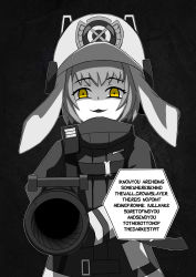 Rule 34 | 1girl, absurdres, arknights, bad id, bad pixiv id, commentary, english commentary, english text, evil smile, firefighter, firefighter jacket, greyscale, highres, hose, ichi10art, jacket, looking at viewer, monochrome, parted lips, shaw (arknights), smile, solo, spot color, yellow eyes