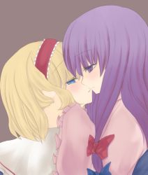 Rule 34 | 2girls, alice margatroid, am-s, bad id, bad pixiv id, blonde hair, blue eyes, blush, eye contact, female focus, hair ribbon, hairband, hand on another&#039;s head, imminent kiss, kiss, long hair, looking at another, multiple girls, patchouli knowledge, purple eyes, purple hair, ribbon, short hair, touhou, yuri