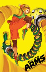 Rule 34 | 1girl, @ @, ankle socks, arms (game), artist name, beanie, blonde hair, blunt bangs, blunt ends, character name, commentary, copyright name, dragon (arms), english commentary, eyebrows visible through mask, fighting stance, from below, green eyes, green footwear, hat, highres, layered clothes, leg up, looking at viewer, mandarin collar, megawatt (arms), metalhanzo, min min (arms), multicolored clothes, multicolored hat, orange hat, orange shorts, pantyhose, photoshop (medium), shoes, shorts, signature, sneakers, socks, solo, teeth, upper teeth only, watermark, web address, yellow theme, zipper pull tab