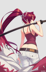 Rule 34 | 1girl, ass, back, breasts, butt crack, camisole, closed mouth, cowboy shot, from behind, hair intakes, hair ribbon, highres, holding, holding clothes, holding jacket, holding sword, holding weapon, jacket, unworn jacket, katana, koyama keisuke, long hair, looking at viewer, looking back, low-tied long hair, midriff, ootachi, over shoulder, pants, pocket, ponytail, purple hair, red eyes, ribbon, sheath, sheathed, smile, solo, standing, sword, sword over shoulder, under night in-birth, weapon, weapon over shoulder, yuzuriha (under night in-birth)