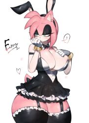 Rule 34 | amy rose, animal ears, arm belt, black skirt, breasts, cleavage, ear piercing, embarrassed, eyeshadow, fake animal ears, furry, furry female, garter straps, gloves, green eyes, hand on own chest, hand to own mouth, heart, heart-shaped pupils, hedgehog ears, hedgehog girl, hedgehog tail, highres, huge breasts, looking to the side, maid, makeup, medium hair, piercing, pink fur, pink hair, quill, rabbit ears, ribbon, skirt, sonic (series), symbol-shaped pupils, thick thighs, thighhighs, thighs, togetoge, white gloves, wide hips, zettai ryouiki