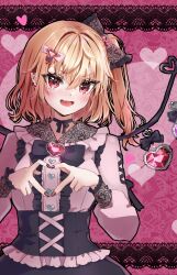 Rule 34 | 1girl, black bow, black nails, black skirt, blonde hair, blush, bow, crystal, fang, fingernails, flandre scarlet, hair between eyes, hair bow, heart, heart hands, highres, jirai kei, long hair, long sleeves, looking at viewer, nail polish, one side up, open mouth, pink bow, pink shirt, puffy long sleeves, puffy sleeves, red eyes, shironeko yuuki, shirt, skin fang, skirt, smile, solo, touhou, wings