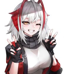 Rule 34 | 1girl, absurdres, arknights, black gloves, black jacket, breasts, demon horns, double v, fingerless gloves, gloves, grey hair, highres, horns, jacket, large breasts, looking at viewer, one eye closed, open clothes, open jacket, shirt, short hair, smile, solo, tail, umeo (pixiv51103813), v, w (arknights)