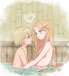 Rule 34 | 2girls, blonde hair, blush, closed mouth, commentary, dungeon meshi, elf, english commentary, falin thorden, falin thorden (tallman), green eyes, grey eyes, hair behind ear, heart, highres, indoors, light brown hair, lividyblue, long hair, marcille donato, multiple girls, nude, parted lips, partially submerged, pointy ears, same-sex bathing, shared bathing, short hair, smile, upper body, water, yuri