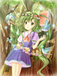 Rule 34 | 1girl, bird, blush, bow, bug, butterfly, daiso, daiyousei, dress, female focus, flower, forest, green eyes, green hair, hair bow, head wreath, insect, long hair, matching hair/eyes, nature, open mouth, outdoors, plant, ribbon, short hair, side ponytail, smile, solo, squirrel, touhou, tree, very long hair, wings, yousei daisensou