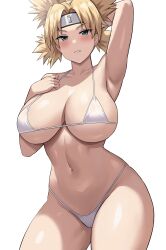 Rule 34 | 1girl, absurdres, aqua eyes, arm up, armpits, bikini, blonde hair, blush, breasts, cleavage, collarbone, commentary, cowboy shot, forehead protector, hair intakes, highres, jasony, large breasts, looking at viewer, micro bikini, naruto (series), naruto shippuuden, navel, paid reward available, parted lips, sideboob, simple background, smile, solo, stomach, swimsuit, temari (naruto), thighs, underboob, white background, white bikini