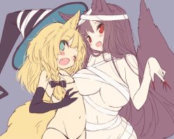 Rule 34 | 2girls, :d, ;o, animal ears, asymmetrical docking, bandages, bare arms, black bow, black gloves, blonde hair, blue eyes, blush, bow, braid, breast press, breasts, brown hair, cowboy shot, elbow gloves, fang, fingernails, gloves, grey background, hair bow, hat, imaizumi kagerou, kemonomimi mode, kirisame marisa, large breasts, long fingernails, long hair, looking at viewer, multiple girls, nail polish, naked bandage, navel, one eye closed, open mouth, red eyes, sharp fingernails, side braid, simple background, single braid, smile, tail, touhou, usamata, witch hat, wolf ears, wolf tail