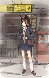 Rule 34 | 1girl, bag, black hair, brown eyes, coat, earrings, full body, fuzzy clothes, highres, jewelry, loafers, low twintails, minnie mouse ears, necktie, ozzzzy, pleated skirt, school bag, school uniform, shoes, single earring, skirt, socks, solo, twintails
