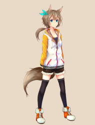Rule 34 | 1girl, animal ears, black thighhighs, blue eyes, blue ribbon, blush, boots, brown hair, collarbone, commentary request, female focus, fox ears, fox girl, fox tail, full body, hair ornament, hair ribbon, halterneck, highres, jacket, long sleeves, looking away, low ponytail, lumo 1121, original, ponytail, ribbon, shorts, smile, solo, tail, thighhighs, track jacket, unzipped