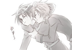 Rule 34 | 07-ghost, 2boys, blush, closed eyes, frown, greyscale, hand on another&#039;s head, hug, jacket, long sleeves, male focus, mikage celestine, monochrome, multiple boys, poteti19, short hair, smile, teito klein, translation request, yaoi