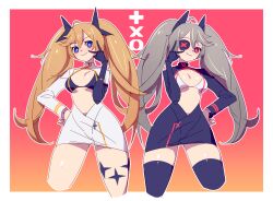 Rule 34 | 2girls, :3, ahoge, bikini, bikini top only, black bikini, black dress, black thighhighs, blonde hair, blue eyes, border, breasts, clear (djmax), closed mouth, cropped legs, djmax, djmax respect, dress, eyepatch, fail (djmax), frontless outfit, gloves, gradient background, grey hair, hair ornament, hand on own hip, hand up, looking at viewer, medium breasts, multiple girls, red background, red eyes, sabum, simple background, single glove, smile, swimsuit, thighhighs, v, white bikini, white border, white dress