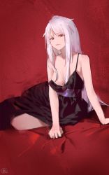 Rule 34 | 1girl, arm support, bare arms, black dress, breasts, cleavage, closed mouth, commentary, dress, english commentary, highres, long hair, looking at viewer, original, photo-referenced, red background, red eyes, sitting, sleeveless, sleeveless dress, solo, white hair, wudiyishileiyu
