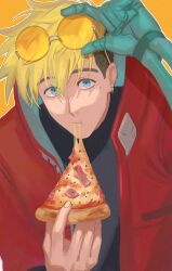 Rule 34 | 1boy, @acchom zatta, black hair, black shirt, blonde hair, blue eyes, blue hair, closed mouth, earrings, eating, eyewear on head, food, glasses, hand up, highres, holding, holding food, holding pizza, jacket, jewelry, looking at viewer, male focus, mole, mole under eye, orange-tinted eyewear, pizza, prosthesis, prosthetic arm, red jacket, round eyewear, shirt, short hair, simple background, single earring, solo, tinted eyewear, trigun, trigun stampede, undercut, upper body, vash the stampede, yellow background